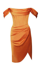 WILEY ORANGE SATIN OFF SHOULDER CORSET DRESS