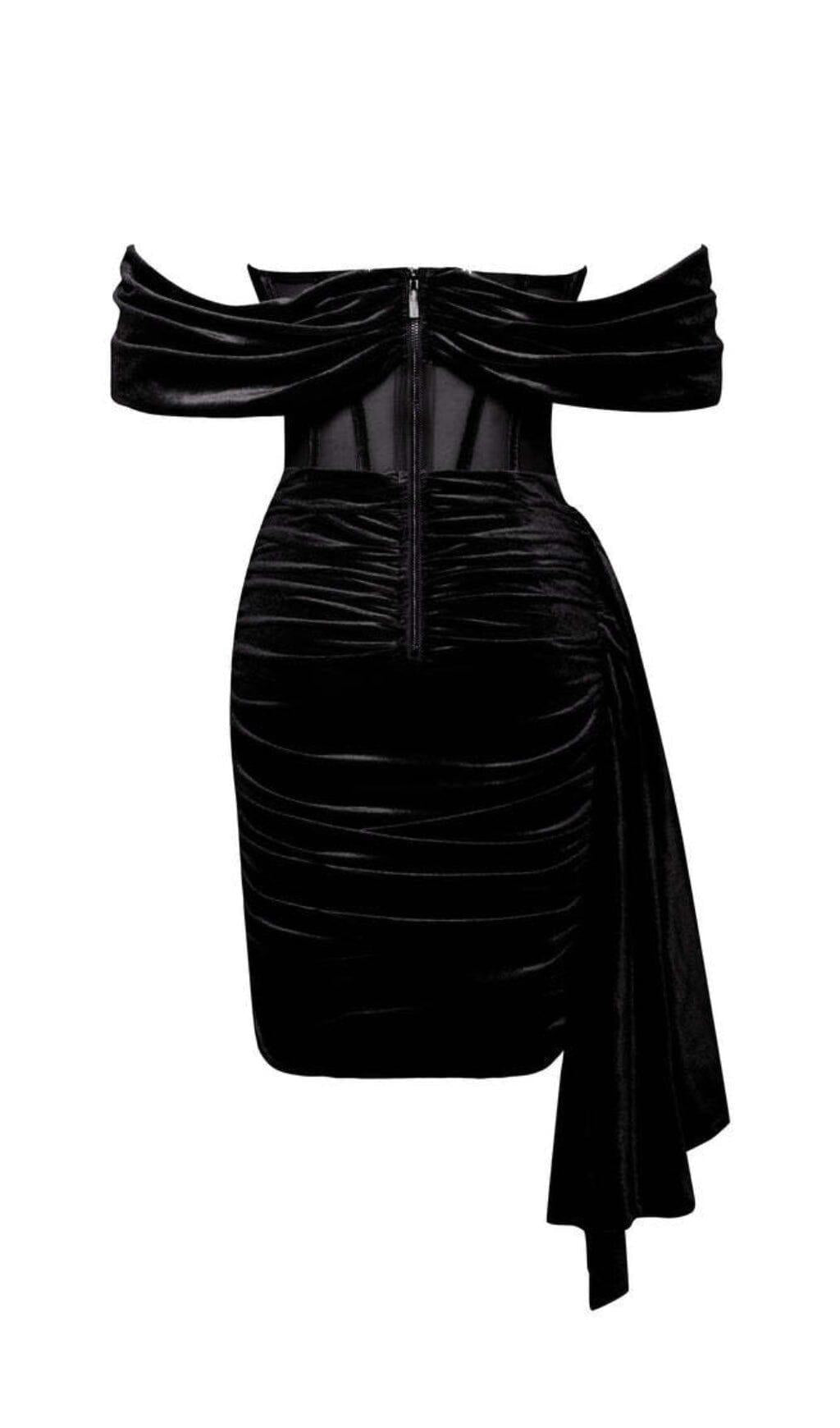 IRISA BLACK DRAPING OFF SHOULDER CORSET DRESS