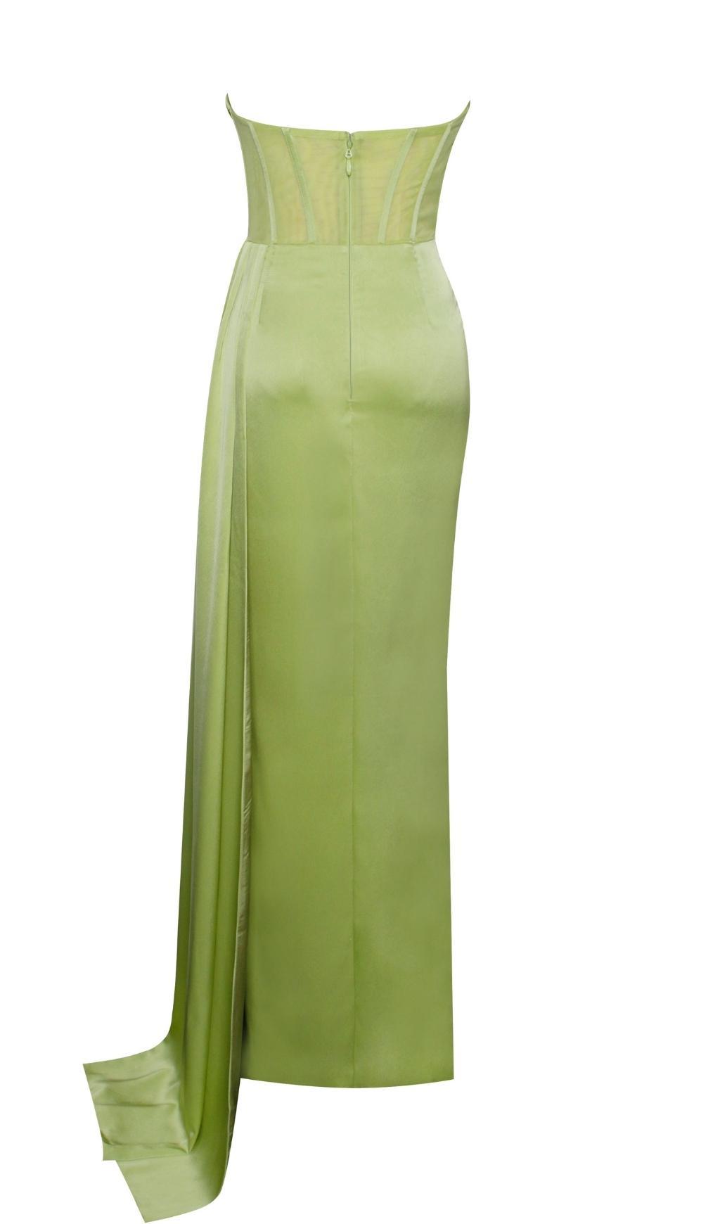 PRISA LIME HIGH SLIT SATIN CORSET GOWN