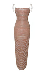 The Glint Rose Gold Ruched Chiffon Long Maxi Dress