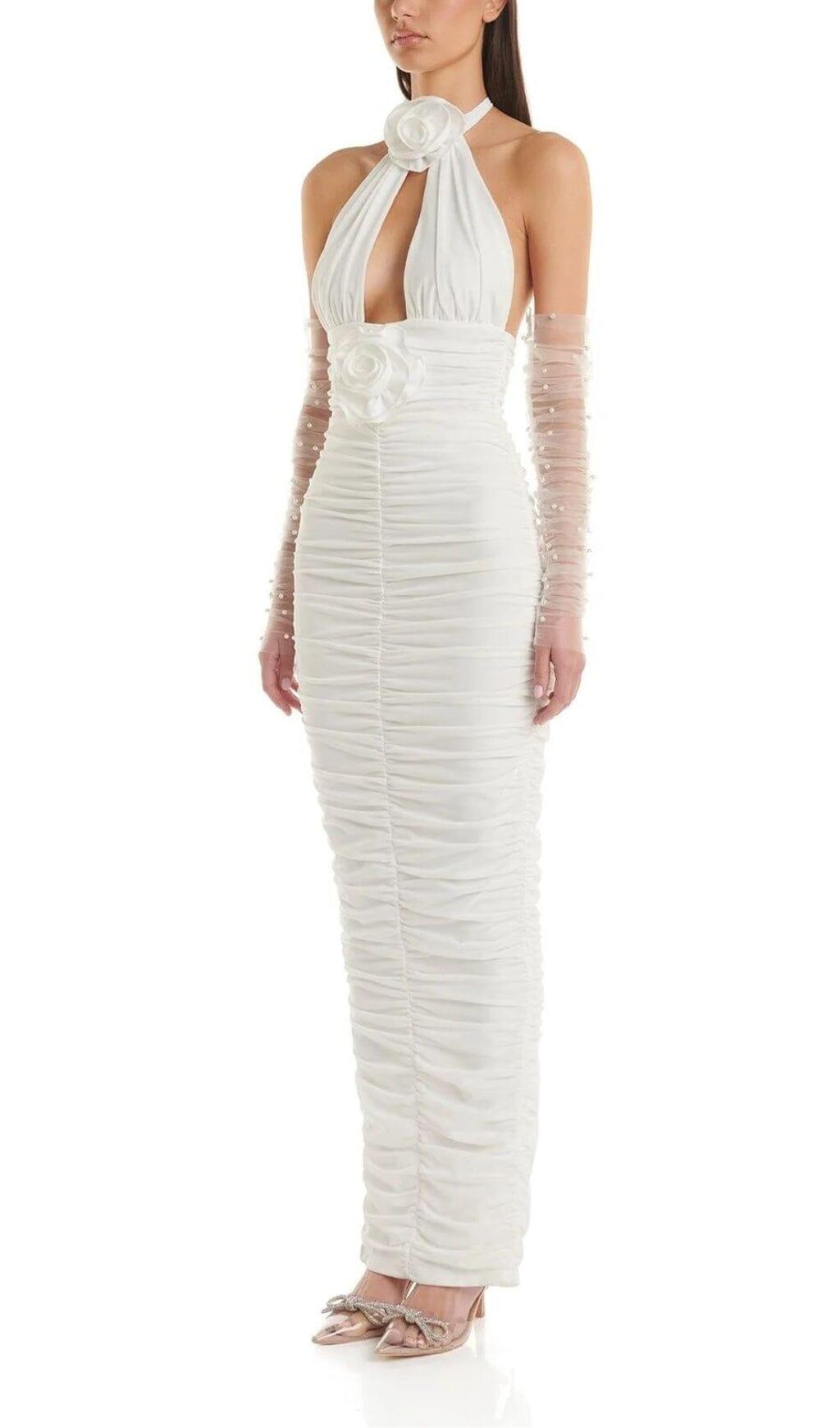 WHITE 3D FLORAL CIRCLE NECK BANDAGE MAXI DRESS