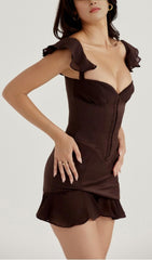 RUFFLE CORSET MINI DRESS IN CHOCOLATE