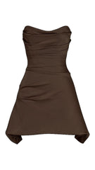 SATIN FISHBONE PLEATED STRAPLESS MINI DRESS IN BROWN