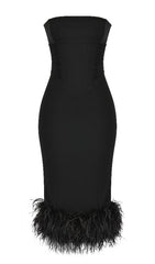 STRAPLESS FEATHER CORSET DRESS IN BLACK