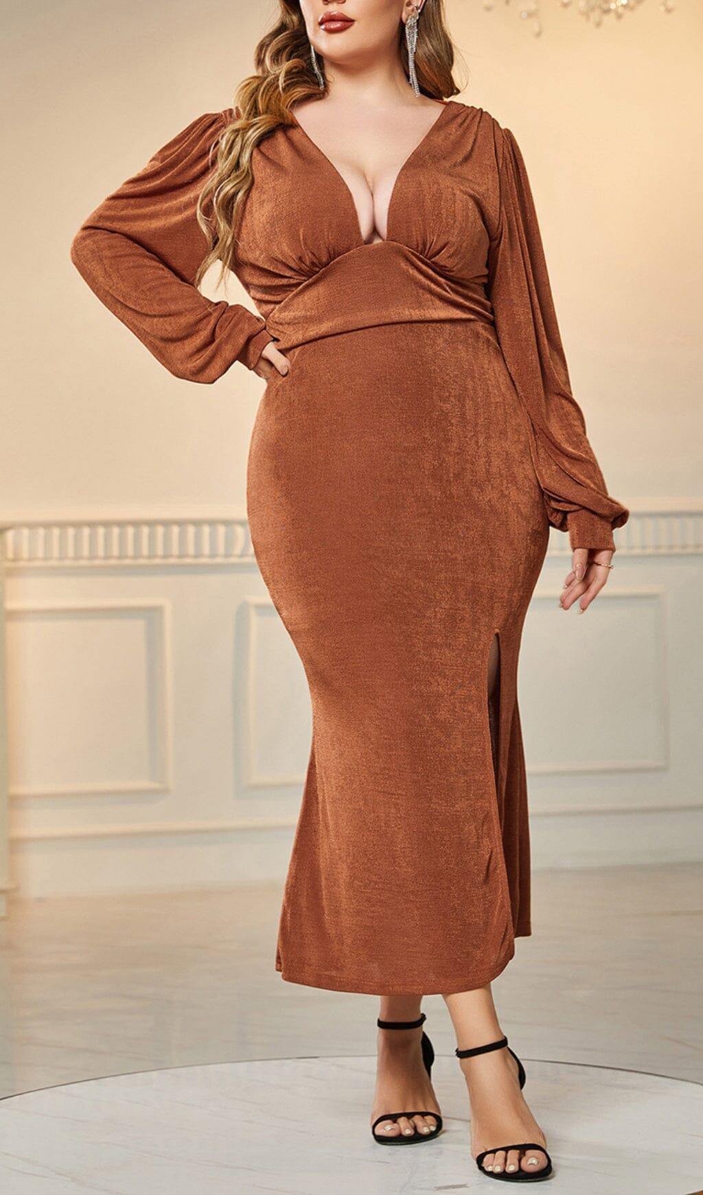 BROWN PLUS SIZE V NECK SLIT BODYCON DRESS