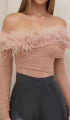 FEATHER BODYSUIT IN BLUSH PINK