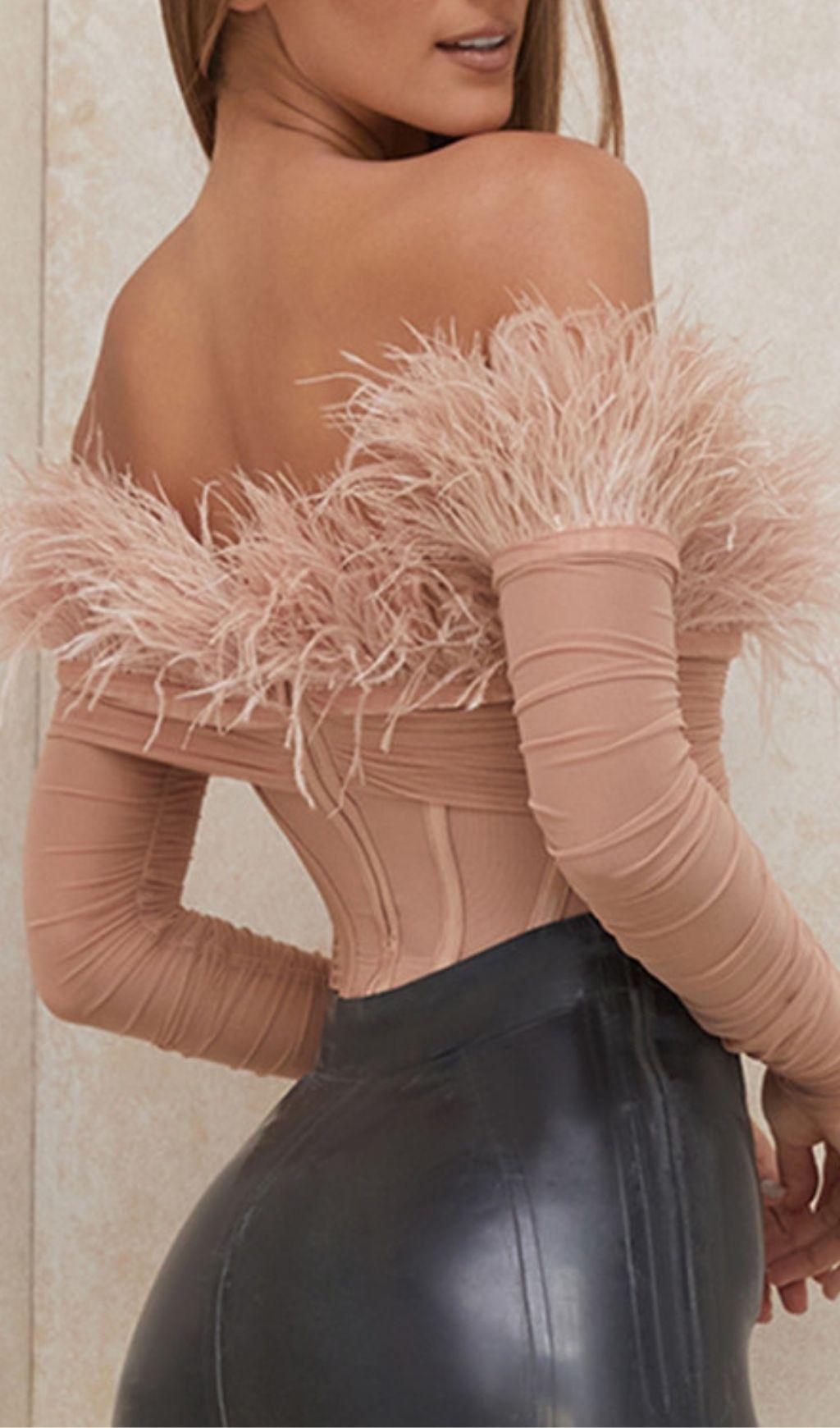 FEATHER BODYSUIT IN BLUSH PINK