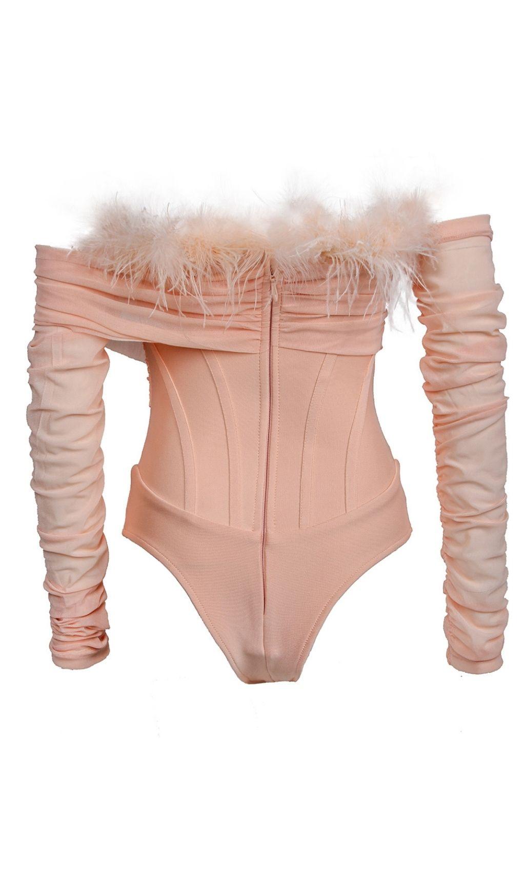 FEATHER BODYSUIT IN BLUSH PINK