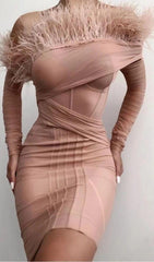 FEATHER LONG SLEEVE BANDAGE MINI DRESS IN BLUSH PINK