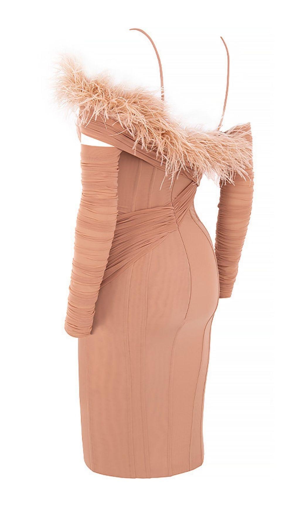 FEATHER LONG SLEEVE BANDAGE MINI DRESS IN BLUSH PINK