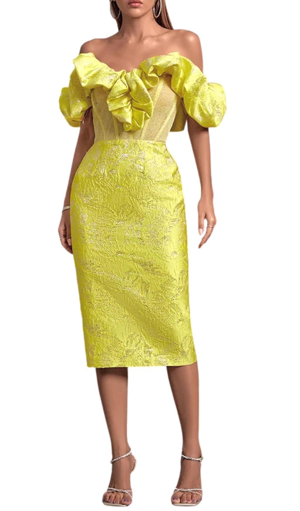 JACQUARD STRAPLESS MIDI DRESS IN YELLOW