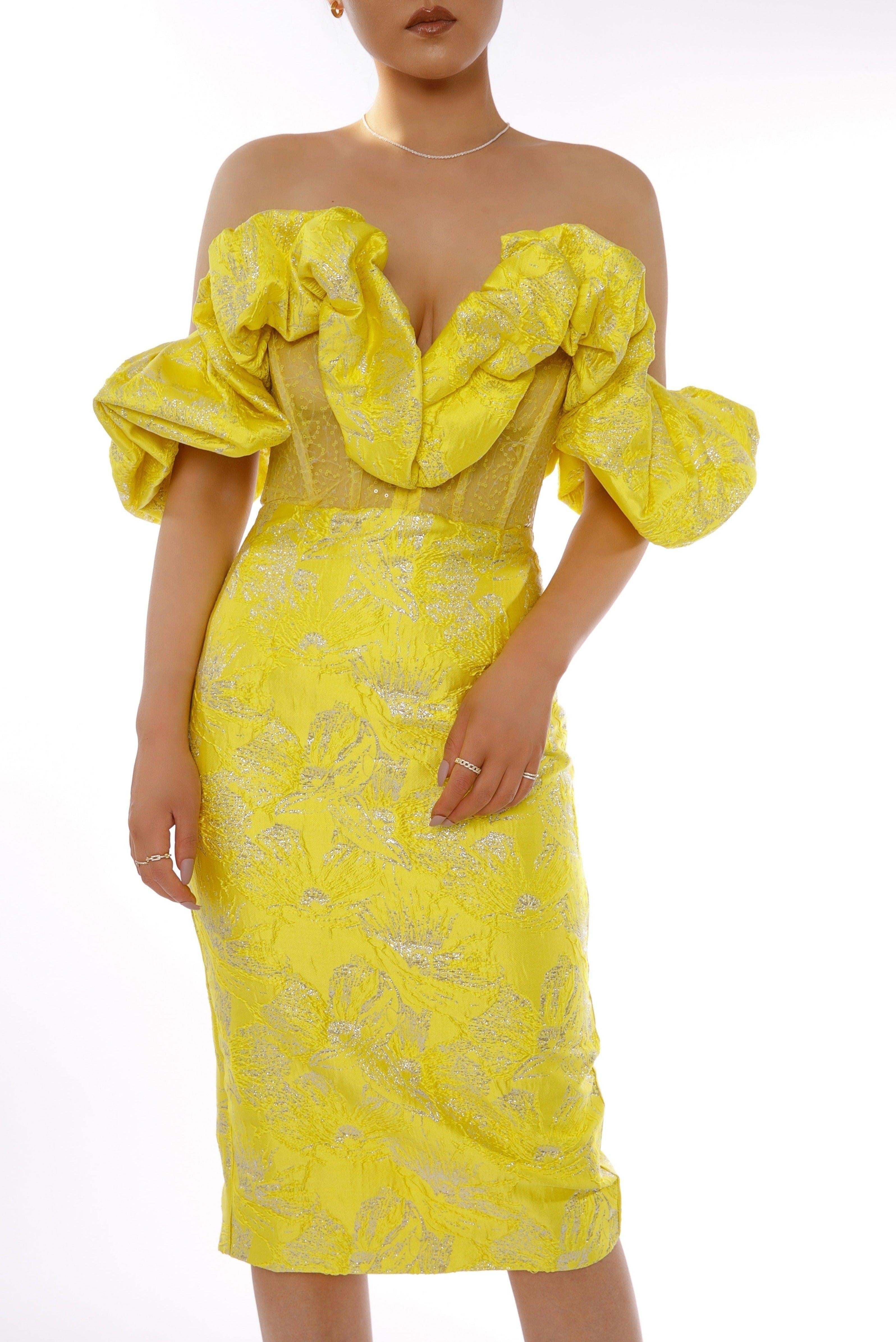 JACQUARD STRAPLESS MIDI DRESS IN YELLOW