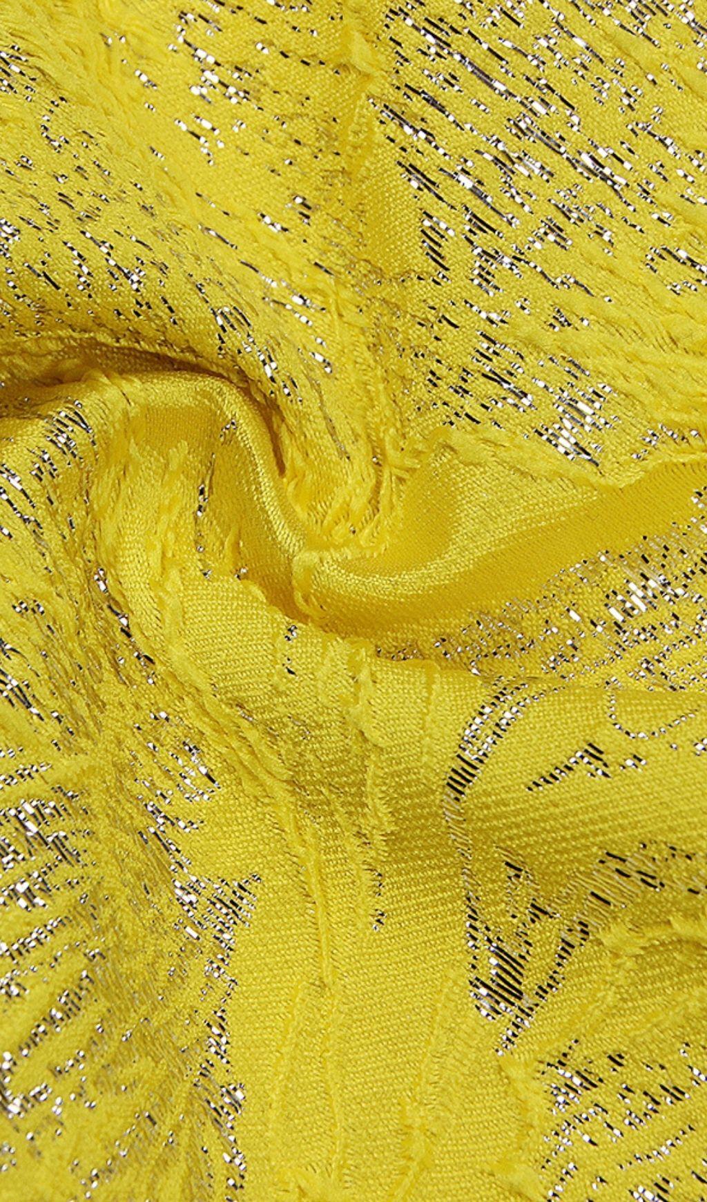 JACQUARD STRAPLESS MIDI DRESS IN YELLOW