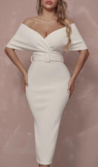 OFF SHOULDER V NECK BODYCON MIDI DRESS IN WHITE