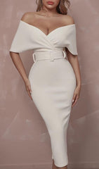 OFF SHOULDER V NECK BODYCON MIDI DRESS IN WHITE