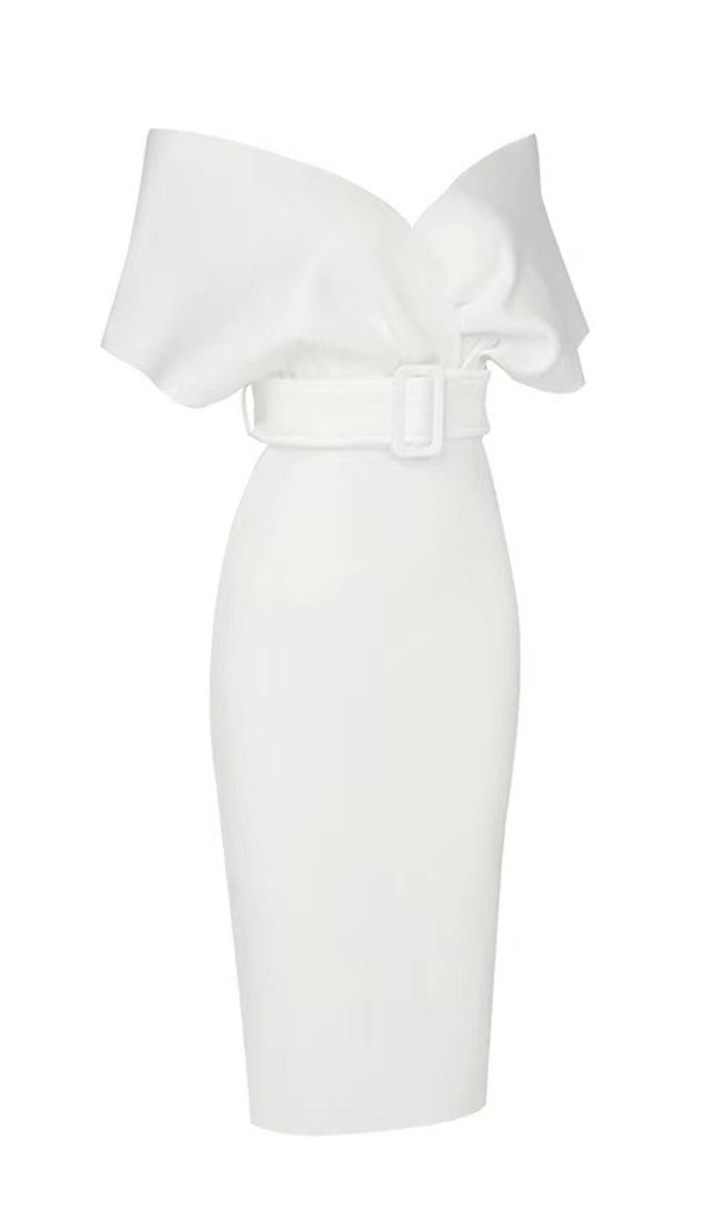 OFF SHOULDER V NECK BODYCON MIDI DRESS IN WHITE