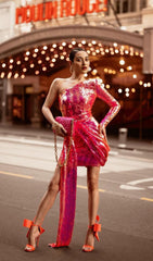 SEQUIN ONE SHOULDR MINI DRESS IN PINK