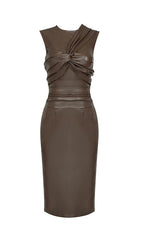 DRAPED LEATHER PU MIDI DRESS IN BROWN