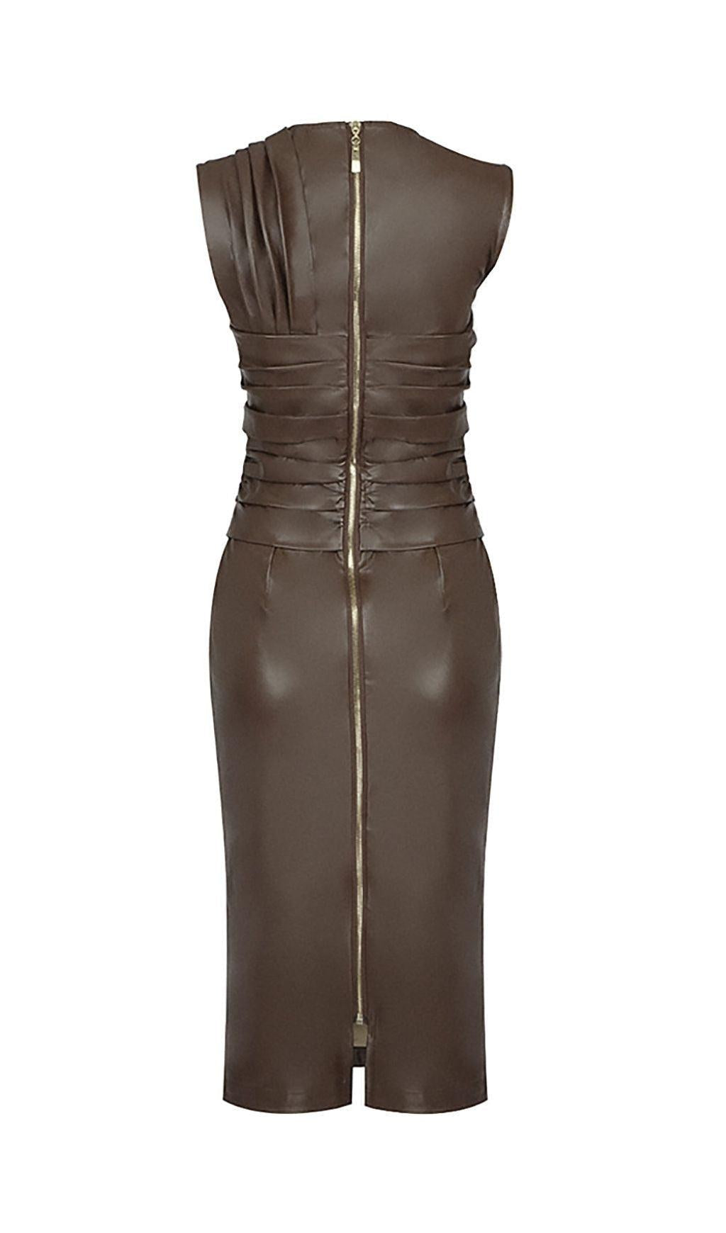 DRAPED LEATHER PU MIDI DRESS IN BROWN