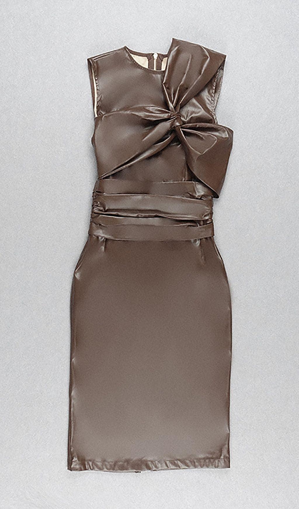 DRAPED LEATHER PU MIDI DRESS IN BROWN