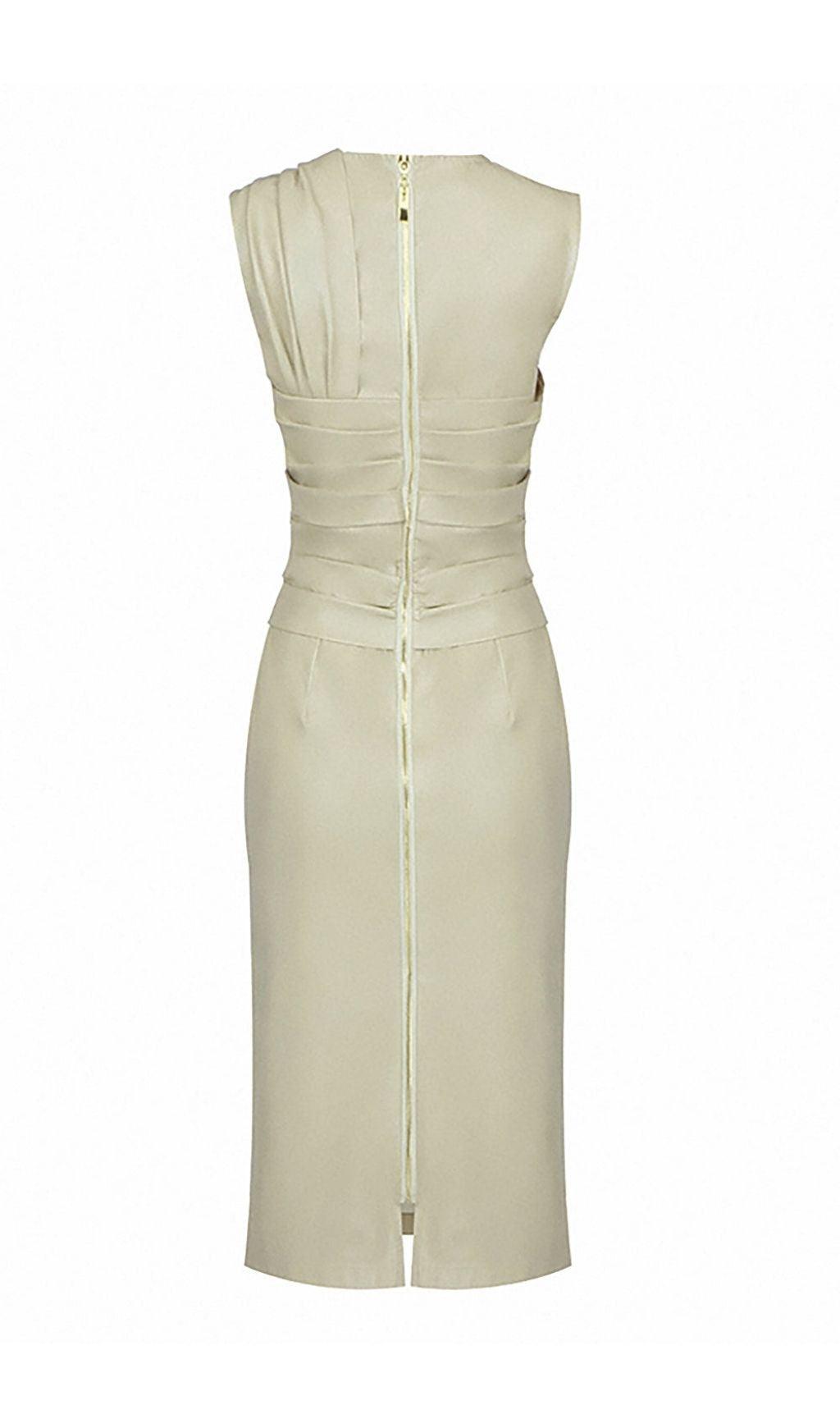 DRAPED LEATHER PU MIDI DRESS IN BEIGE