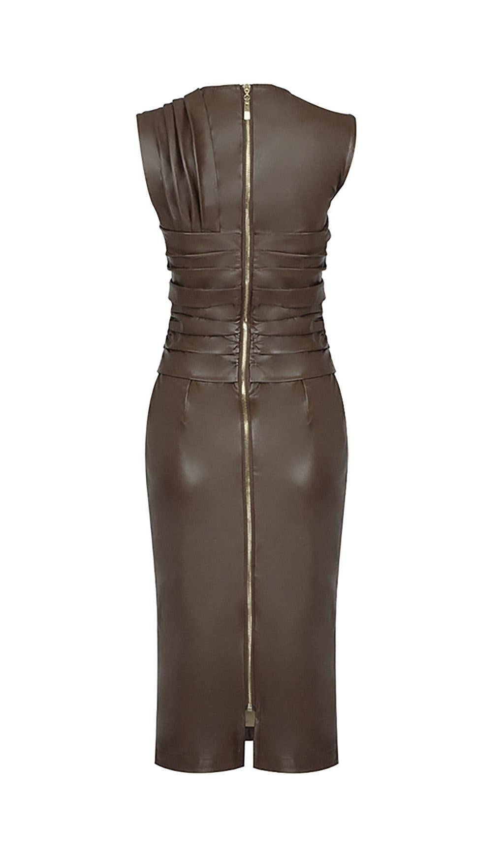 DRAPED LEATHER PU MIDI DRESS IN BEIGE