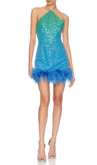 TURQUOISE JEWEL SEQUIN FEATHER MINI DRESS