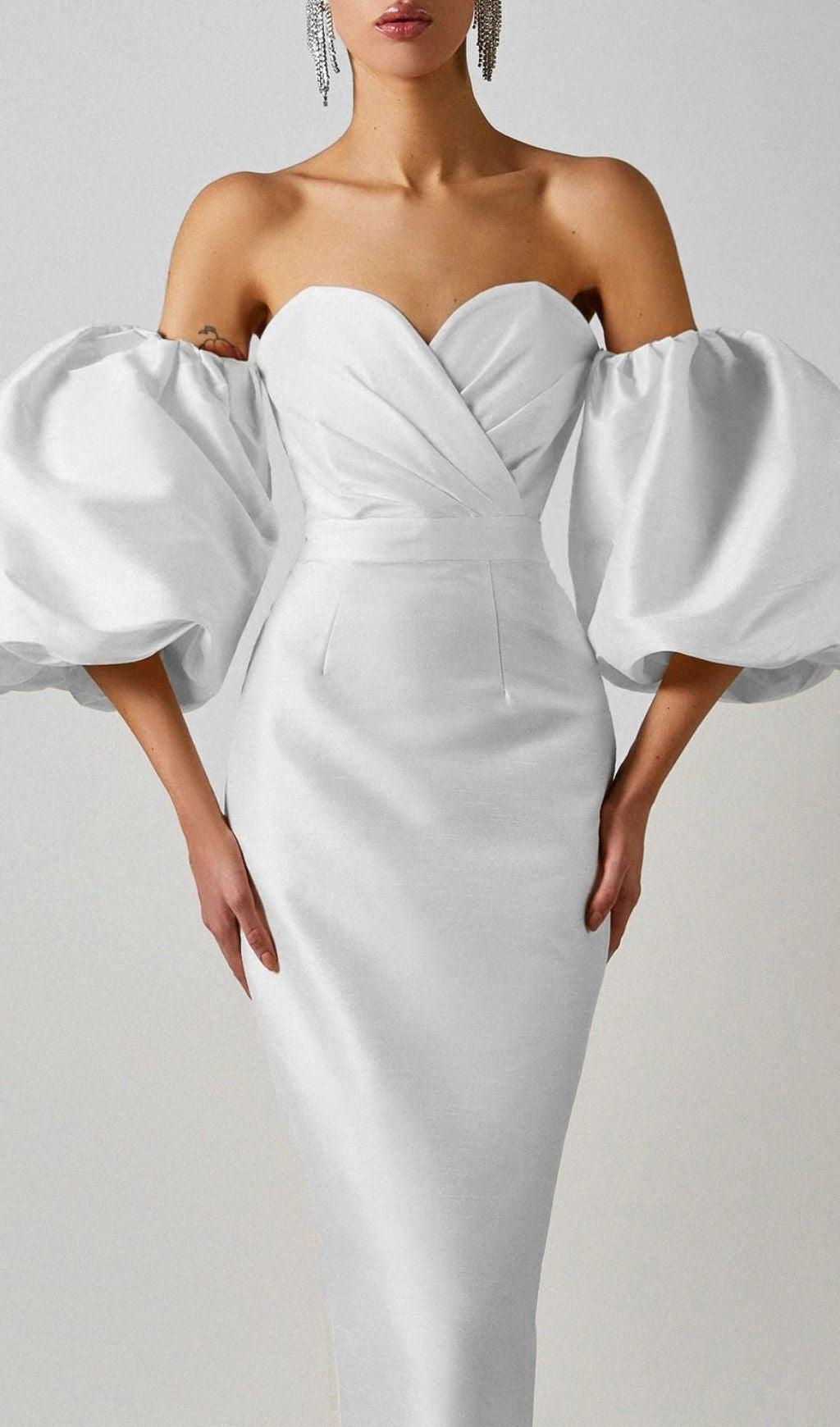 SATIN STRAPLESS MIDI DRESS IN WHITE