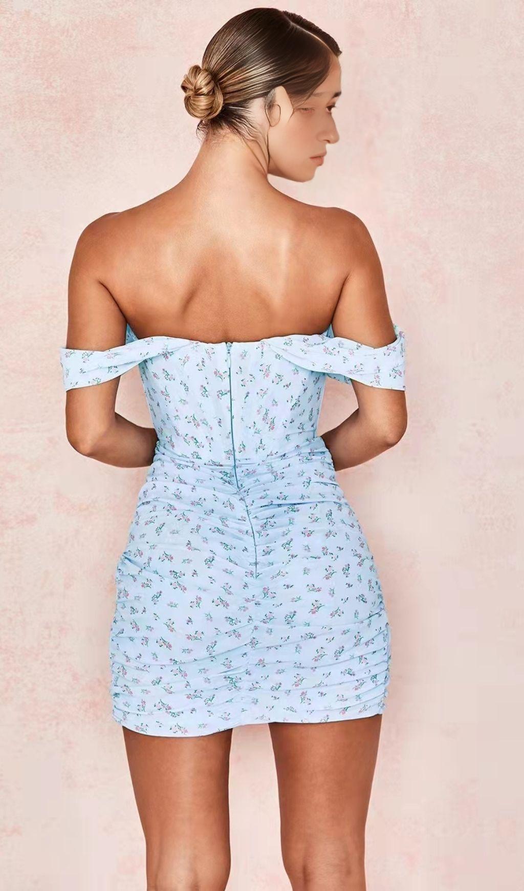 BLUE FLORAL DRAPED CORSET MINI DRESS