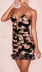 FLOWER PRINTED STRAPLESS PLUNGE MINI DRESS