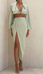 SILKY SATIN DRAPED TWO PIECE SET IN GREEN