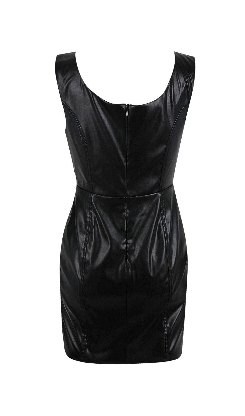 CRYSTAL LEATHER MINI DRESS IN BLACK