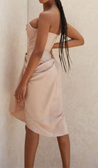 SILK STRAPLESS RUCHED MIDI DRESS IN PINK