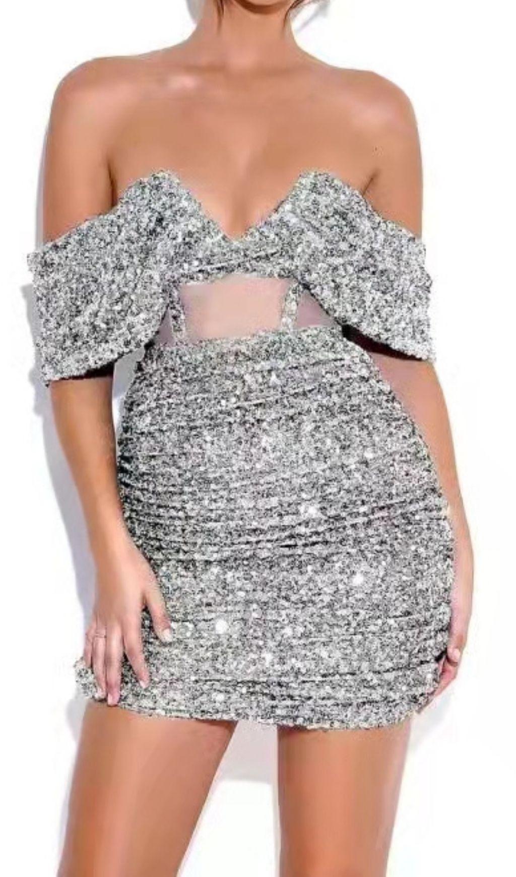 SLIVER SEQUIN STRAPLESS MINI DRESS