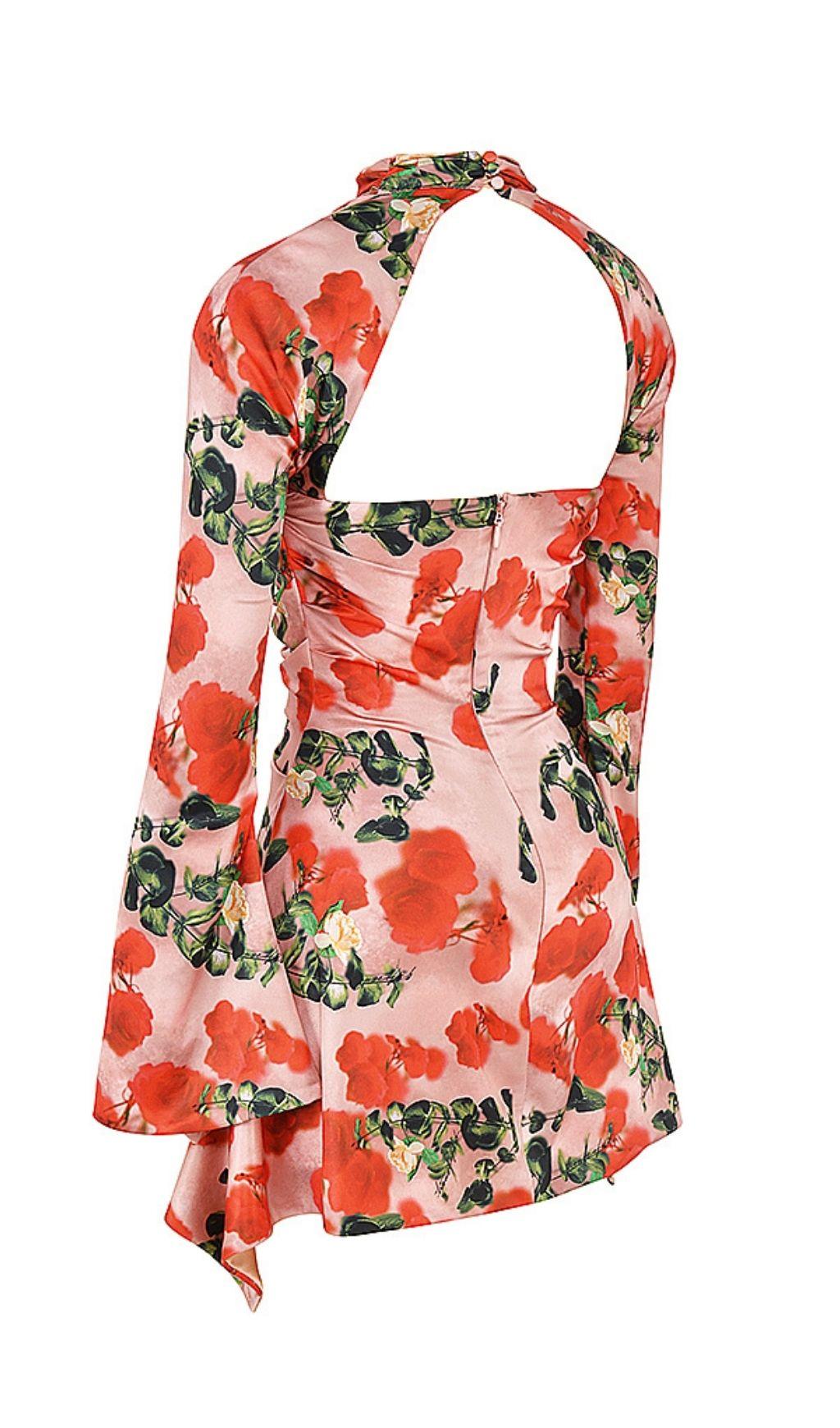 ROSE PRINT CUT OUT DRAPED MINI DRESS