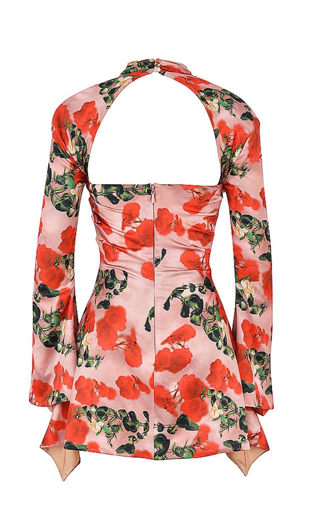 ROSE PRINT CUT OUT DRAPED MINI DRESS