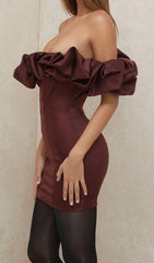 BURGUNDY SATIN RUFFLE STRAPLESS DRESS