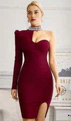 RED PEARL ONE SHOULDER MINI BANDAGE DRESS