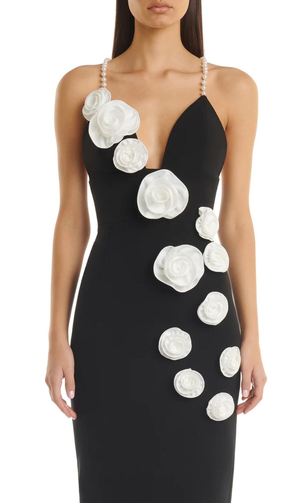 3D FLORAL PEARL SUSPENDER MIDI DRESS IN BLACK