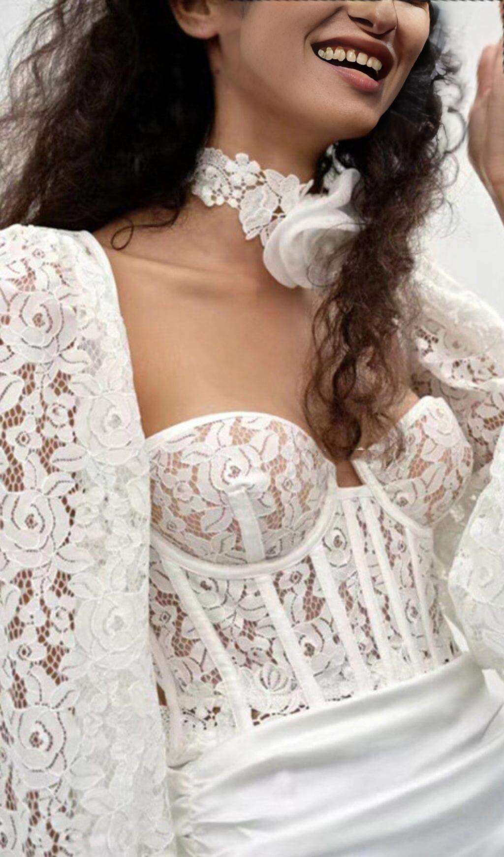 LACE CORSET MIDI DRESS IN WHITE