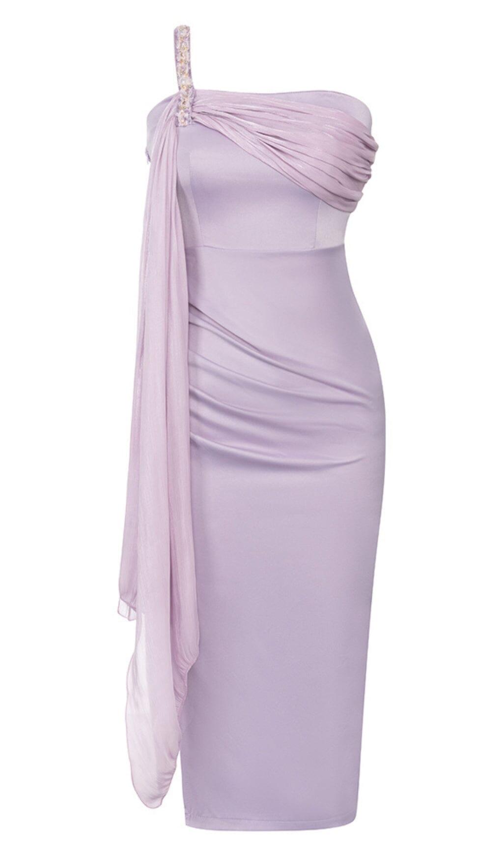 SATIN CRYSTAL MIDI DRESS IN LILAC GRAY