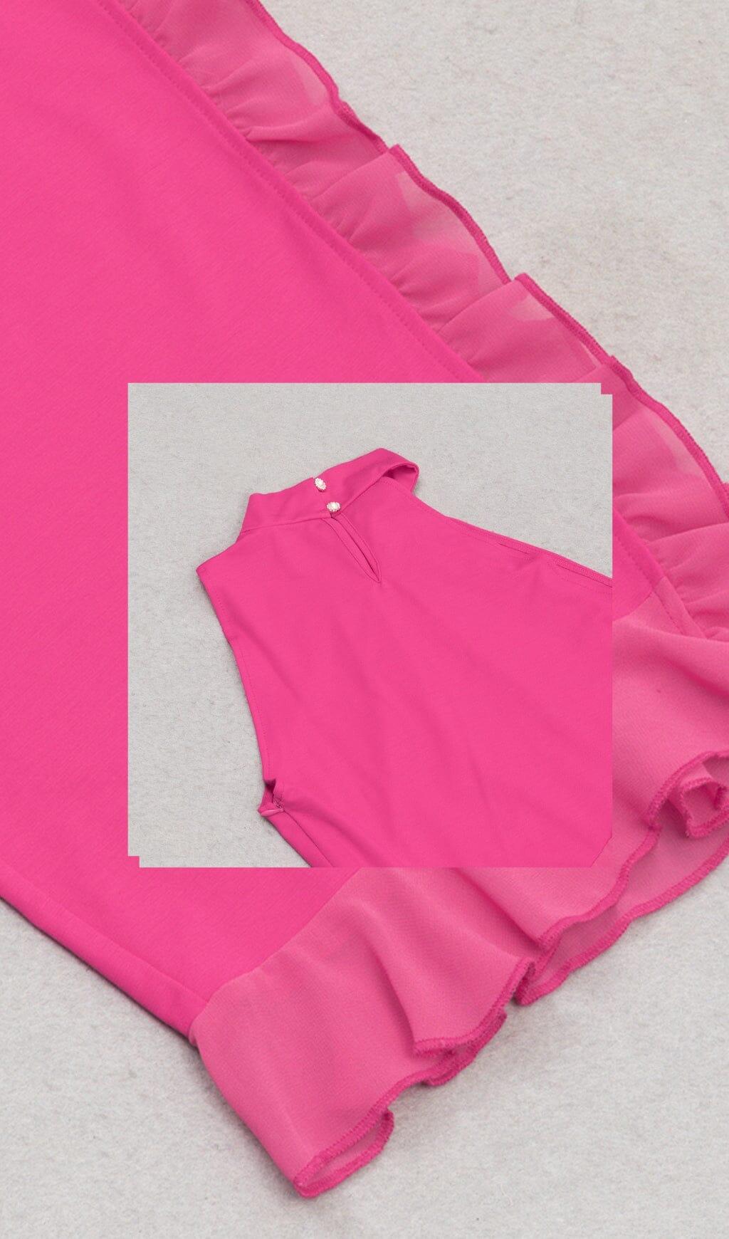 RUFFLE SPLIT MIDI DRESS IN STRONG MAGENTA