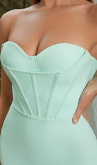 STRAPLESS CORSET MIDI DRESS IN SEAFOAM GREEN