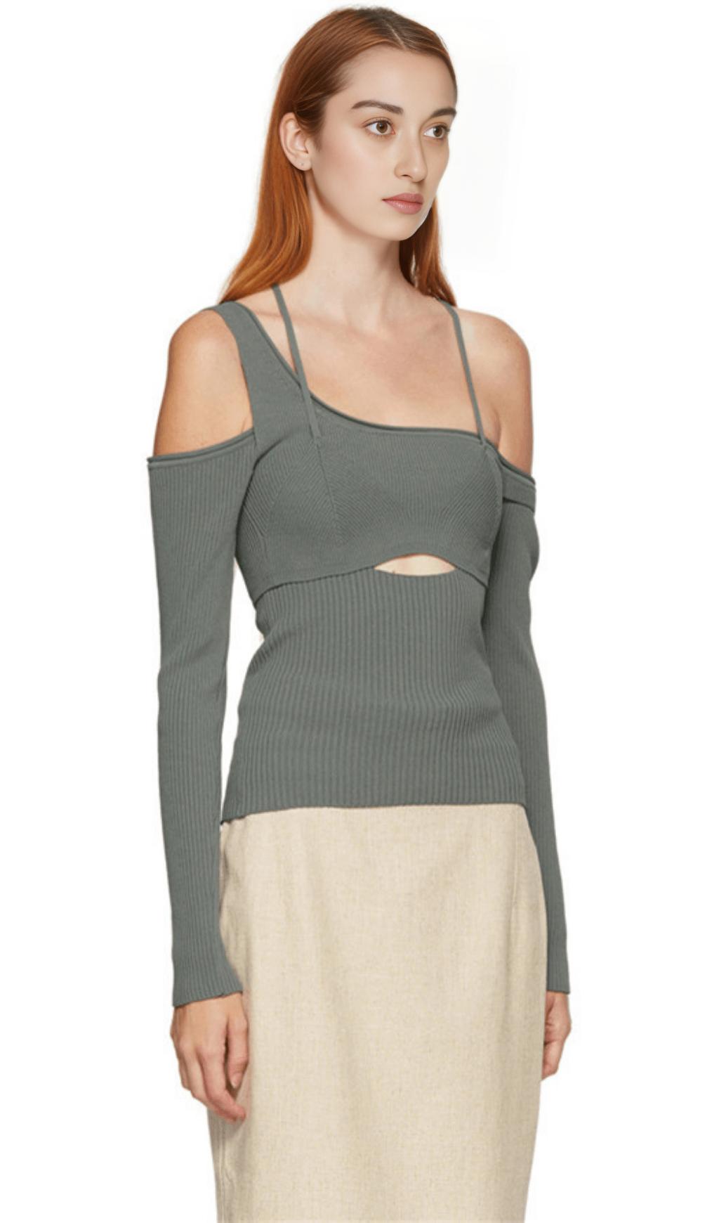 Cutout off-shoulder asymmetric sweater.