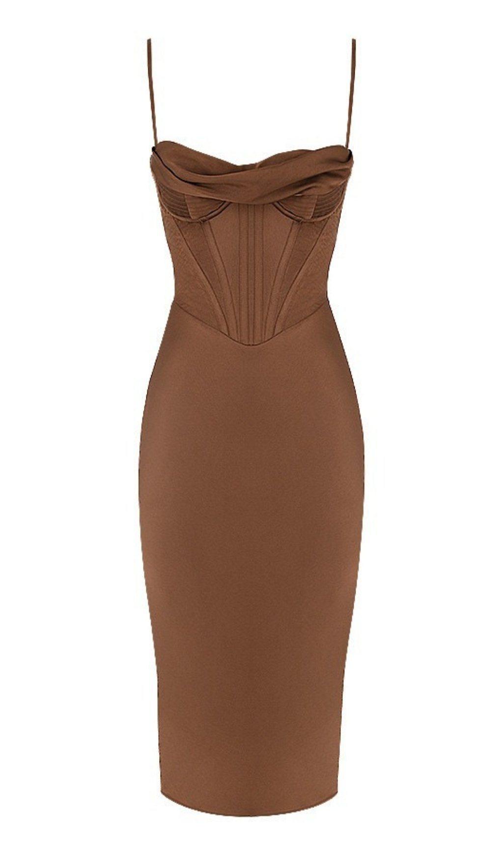 CHOCOLATE SATIN CORSET SLIP DRESS