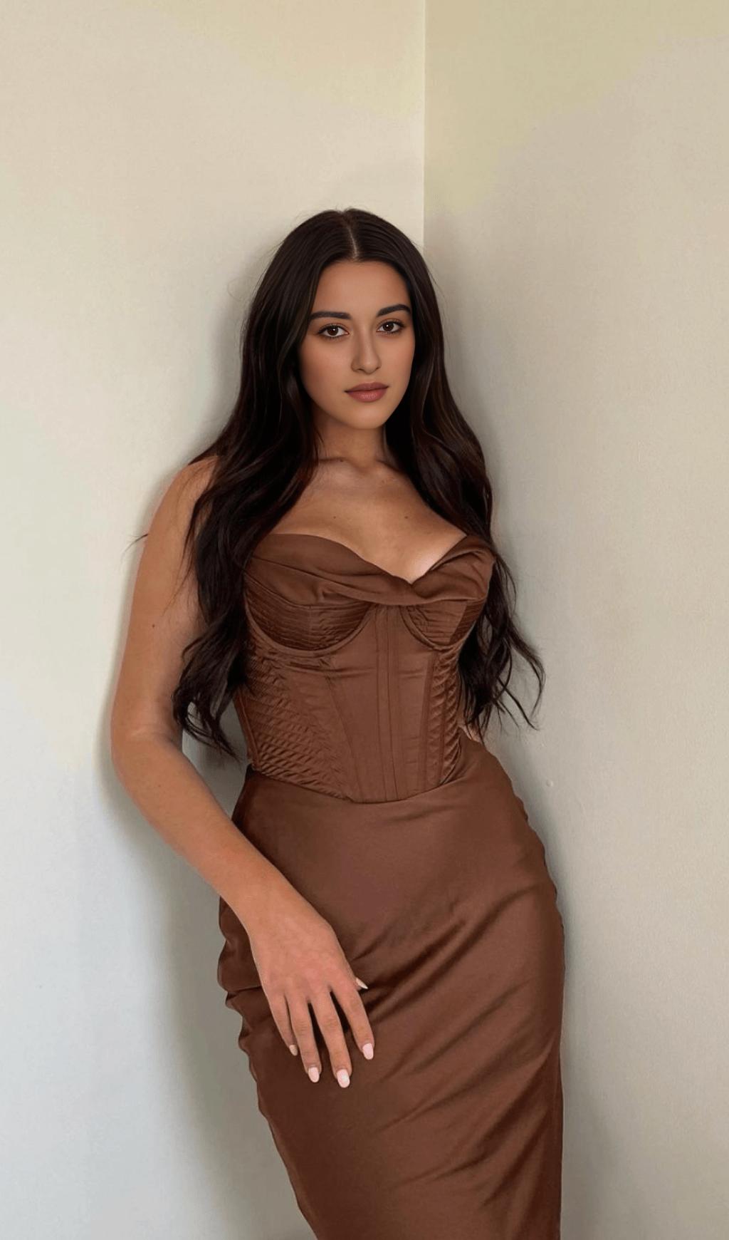 CHOCOLATE SATIN CORSET SLIP DRESS