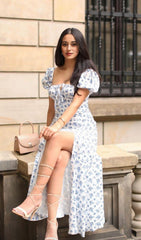 BLUE WHITE FLORAL MIDI DRESS