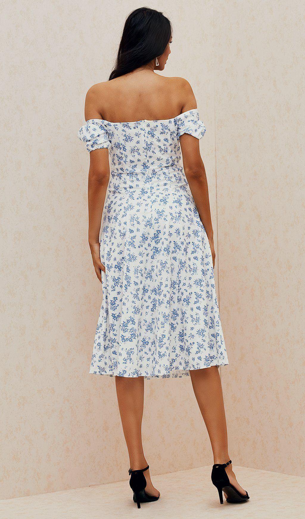 BLUE WHITE FLORAL MIDI DRESS