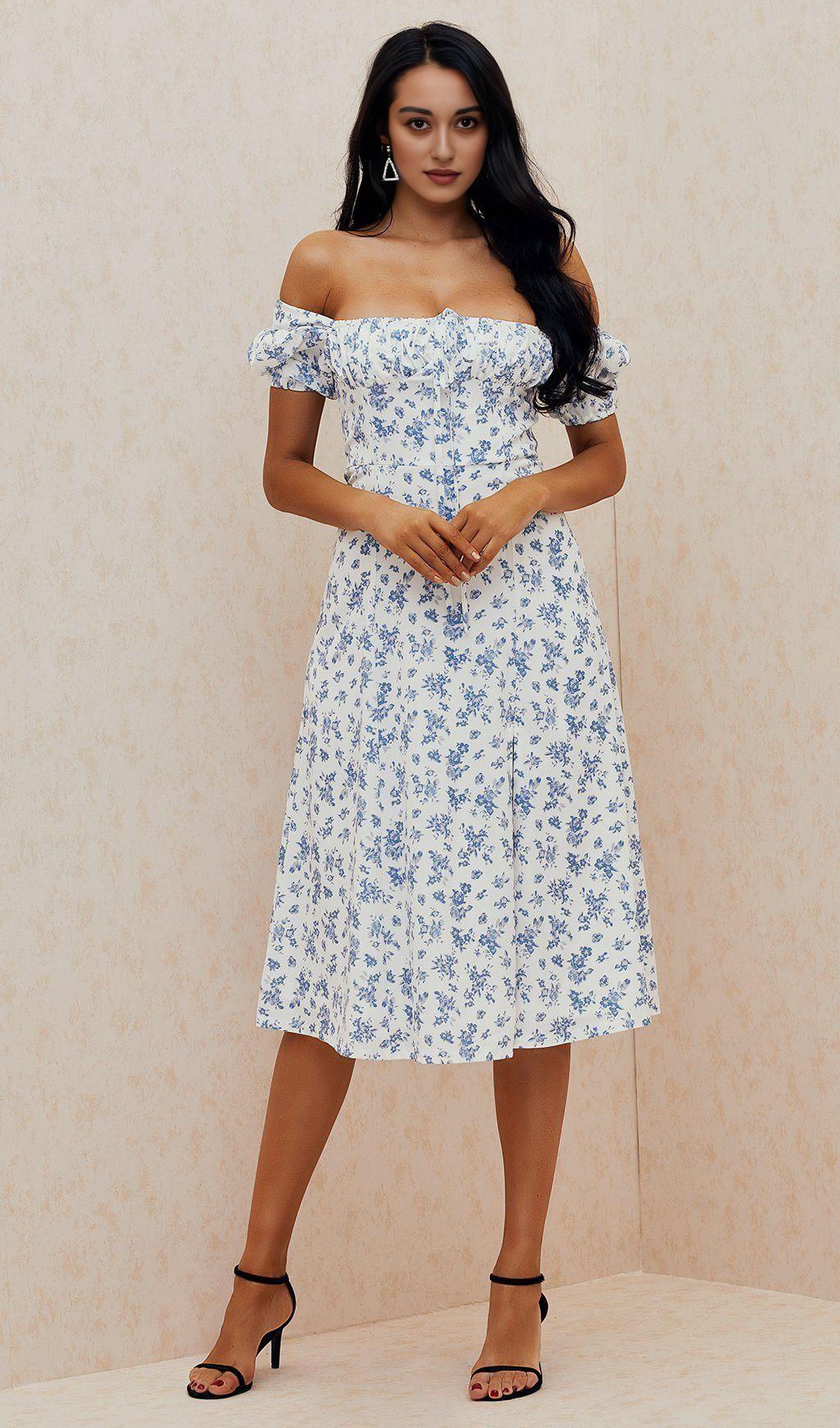 BLUE WHITE FLORAL MIDI DRESS