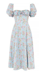 BLUE VINTAGE FLORAL PUFF SLEEVE MIDI DRESS